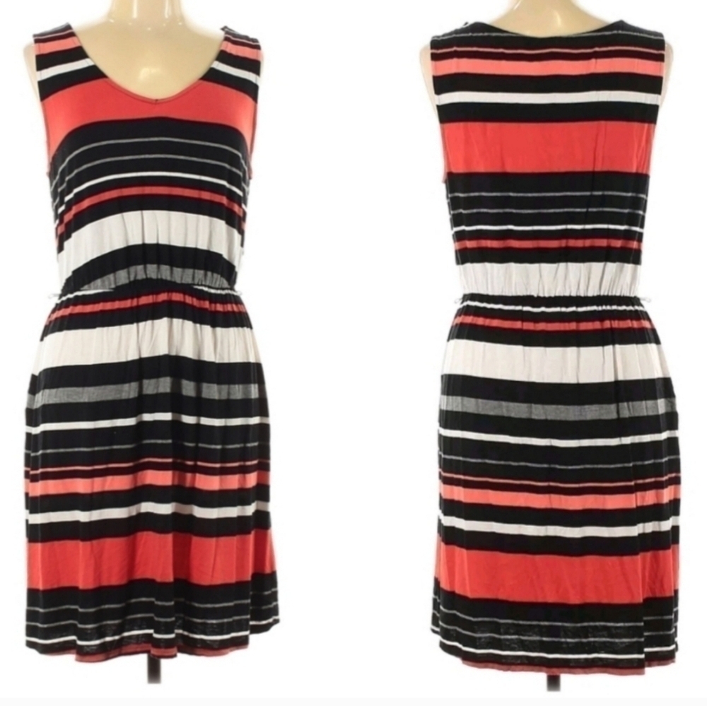 Merona Tangerine Black Striped V-Neck Waist Tie Dress